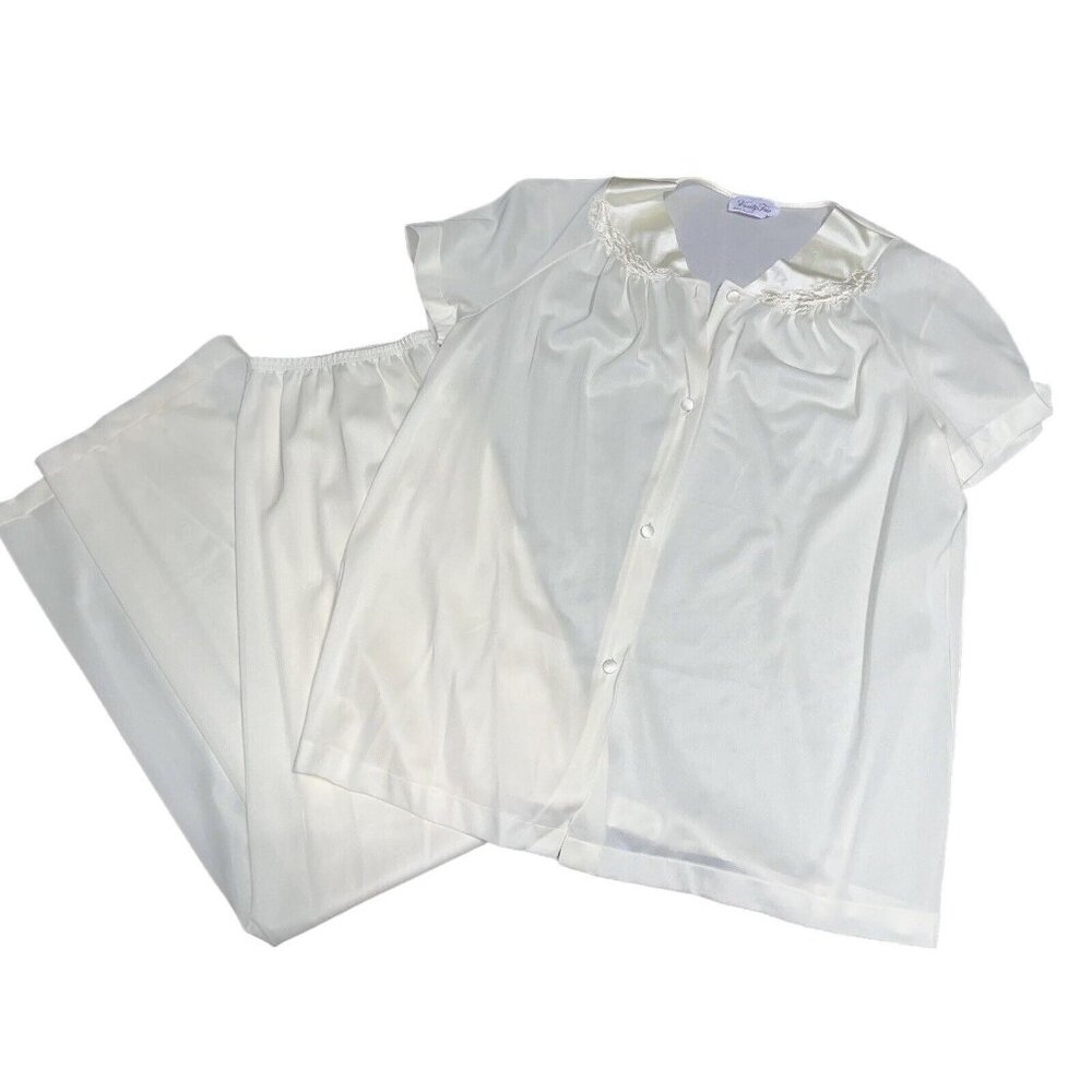 Vtg Lt Yellow Vanity Fair Nylon Size Med Mid Century Lace 2 Pc Pajama Set VGC